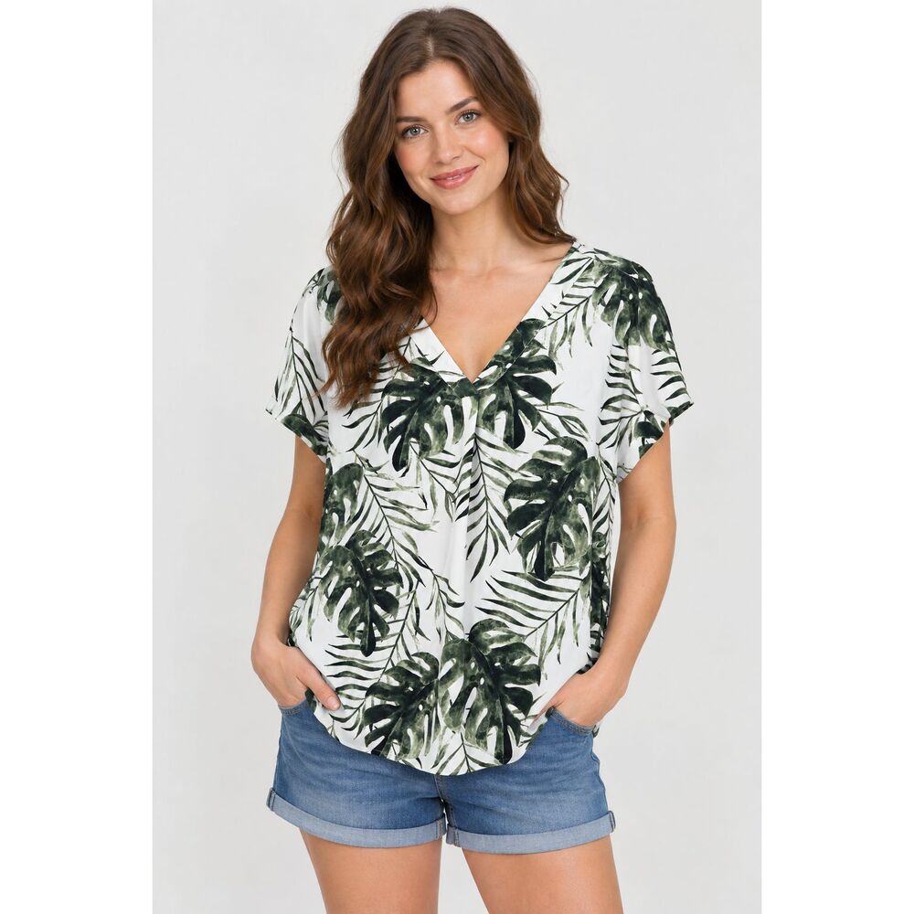 White Tropical Leaves Flowy Blouse Sz Large